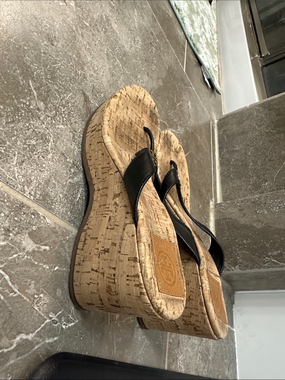 Tory Burch Black Leather Cork Wedge Thong Sandals - Picture 5 of 7